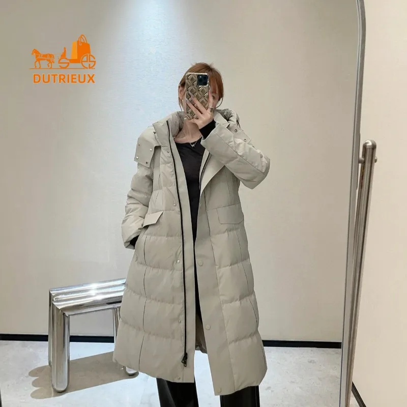 24 neue Winter-Daunenjacke für Damen, mit Kapuze, Gürtel, Taille, lange 90 weiße Entendaunenjacke, schmale Passform, warme Jacke, Mantel für Damen, Party