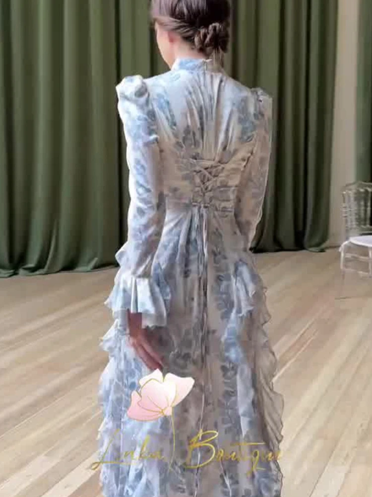 جديد الصيف لطيف نمط سليم صالح الدانتيل يصل فستان ستان مطبوع بأكمام طويلة فستان طويل للنساء فستان أنيق الملابس النسائية