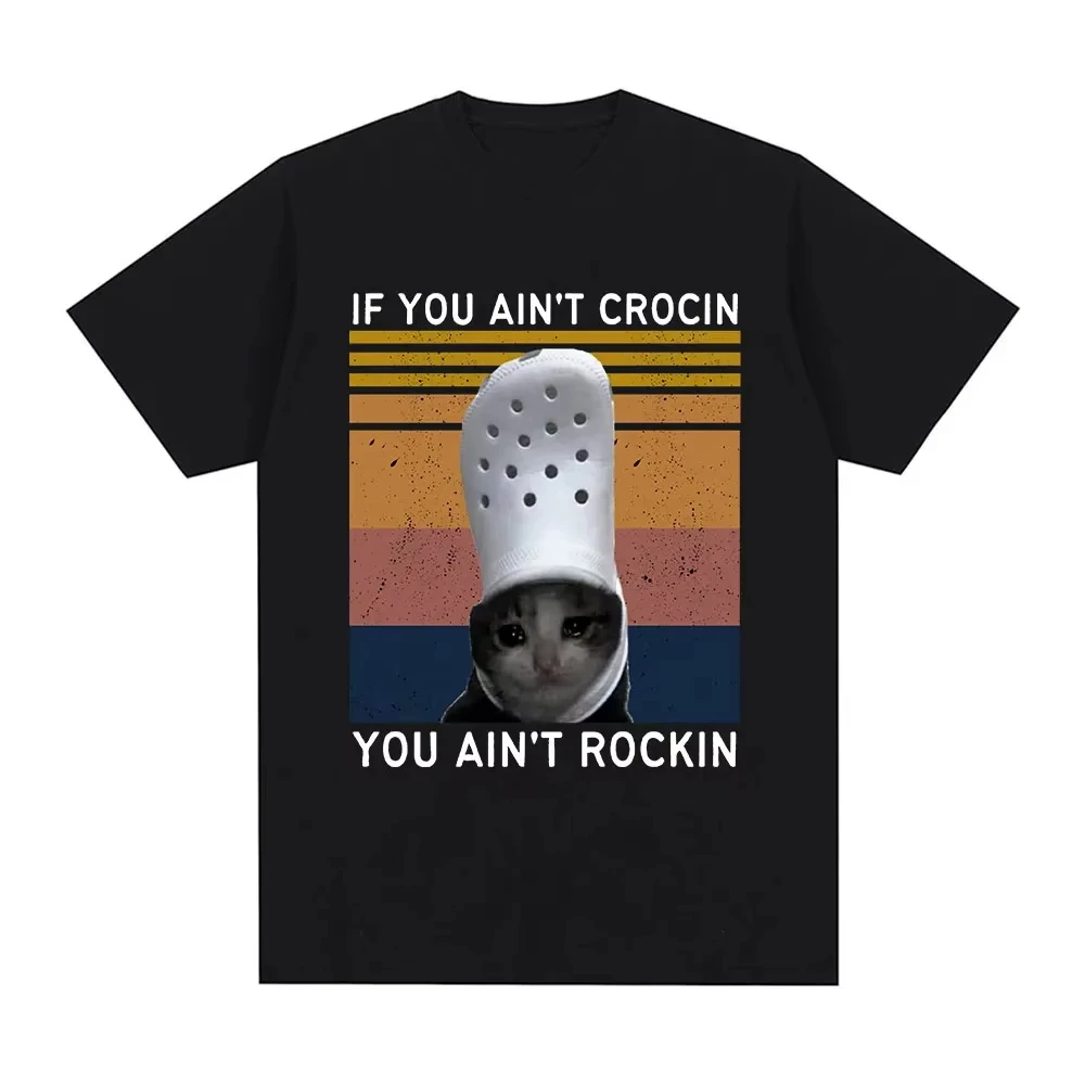 Funny Crying Cat Croc Meme Graphic Tee Unisex Round Neck Short Sleeve Summer Casual Meme Lover Streetwear Tops