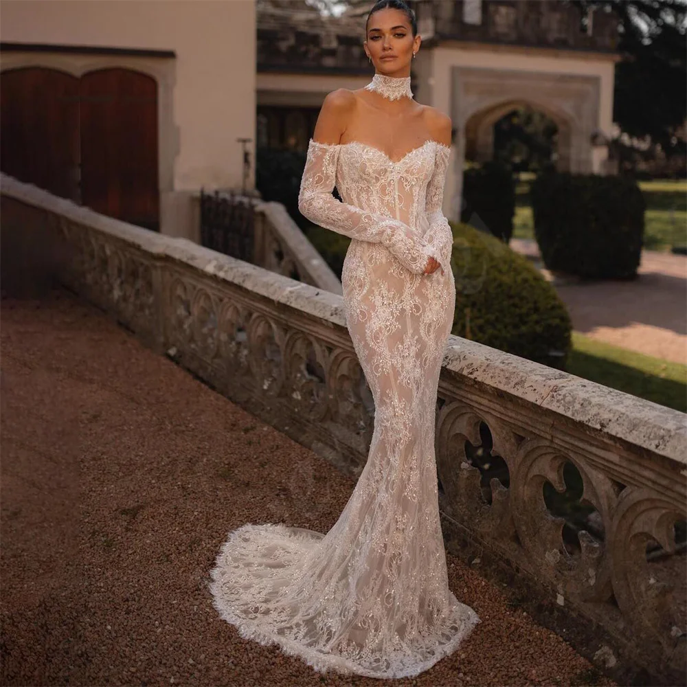 Affascinanti abiti da sposa in pizzo a sirena con maniche lunghe abito da sposa a cuore da donna abiti da sposa Sexy senza schienale con spalle scoperte