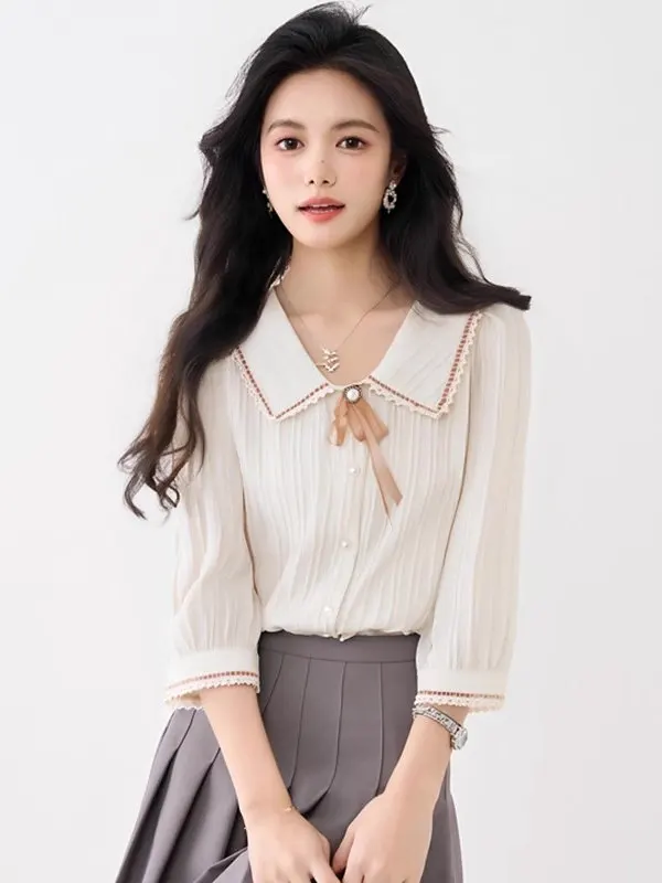 

Новая женская летняя блузка 2026 года с кукольным воротником и коротким рукавом, модный шифоновый топ прямого кроя