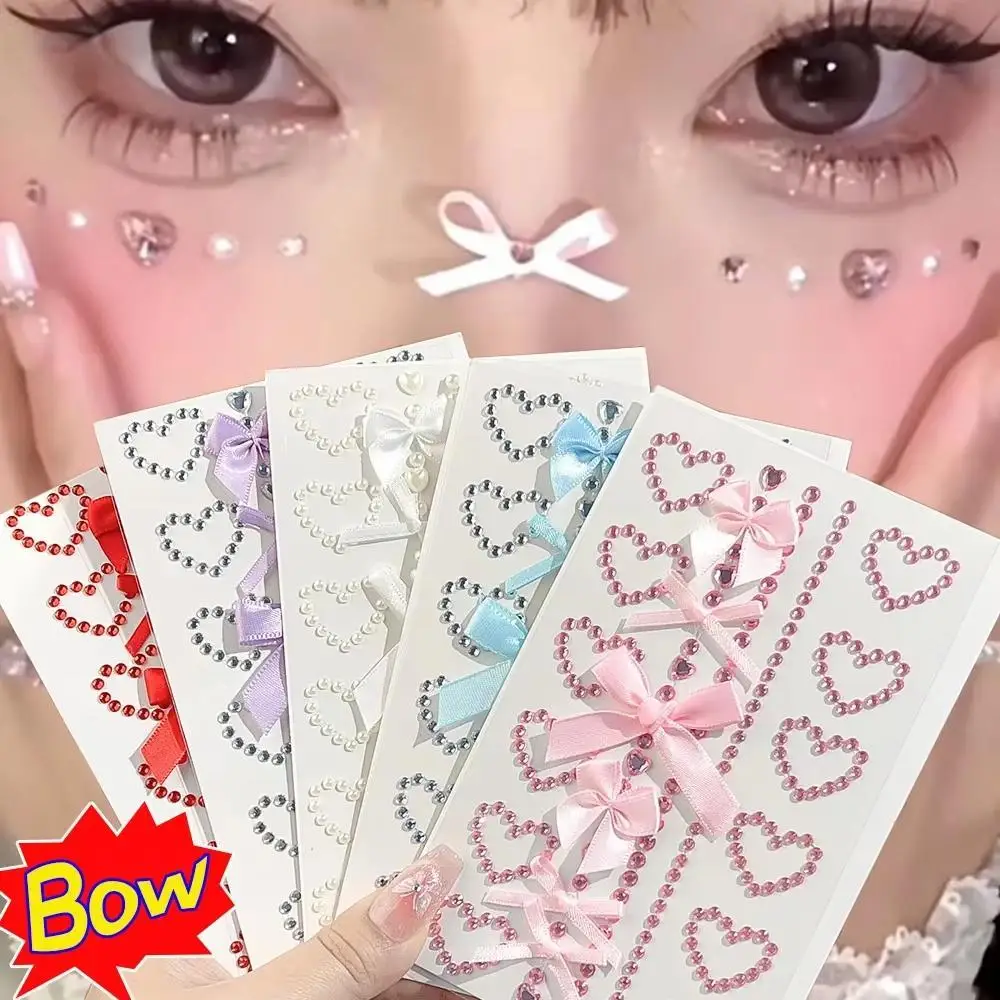 White Ribbon Bow Fashion Pearl Face Stickers Hollow Heart Pink Crystal Diamond Tattoo Stickers Body Arts Party Festival Makeup