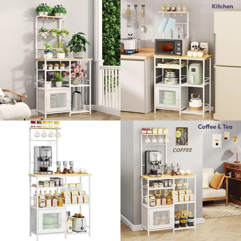 

Белый органайзер для кофейного бара с местом для хранения, 8 крючками, полками и дверцей шкафа, регулируемые ножки, для кухни или столовой