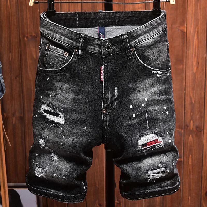

Summer Thin Denim orts Men's Elastic Slim Fit Trendy Paint Splatter Ink Five-Quarter Youth Mid-Pants Casual Straight Leg Jeans