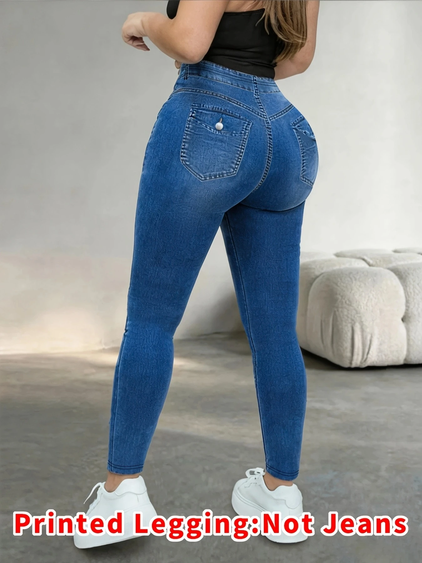 Women Multi‑Pocket High Waist Faux Denim Print Leggings, Super‑Stretch Non‑Denim Skinny Butt‑Lifting Workout Yoga Pants