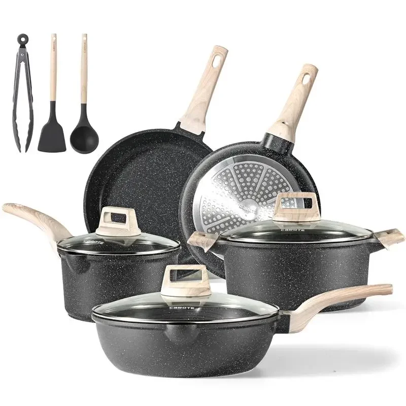 CAROTE Nonstick Frying Pots and Pans Set 11 Pcs Nonstick Cookware Sets (Granite, induction cookware) Saucepan, big pots