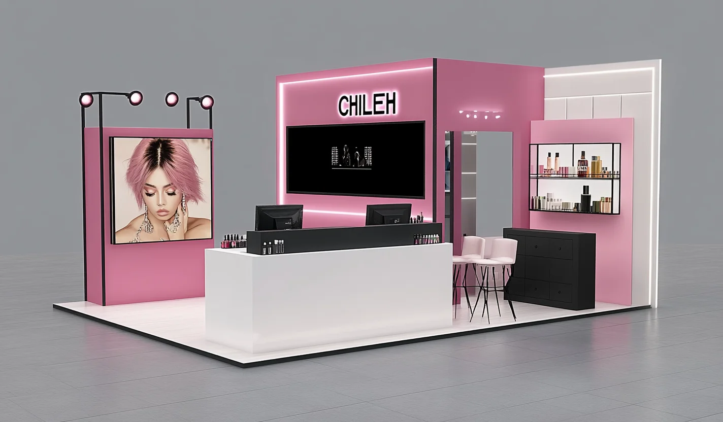 كشك المعرض المعياري الإبداعي SEG بإضاءة خلفية 10 × 10 عرض منتجات التجميل تخصيص كشك العرض التجاري