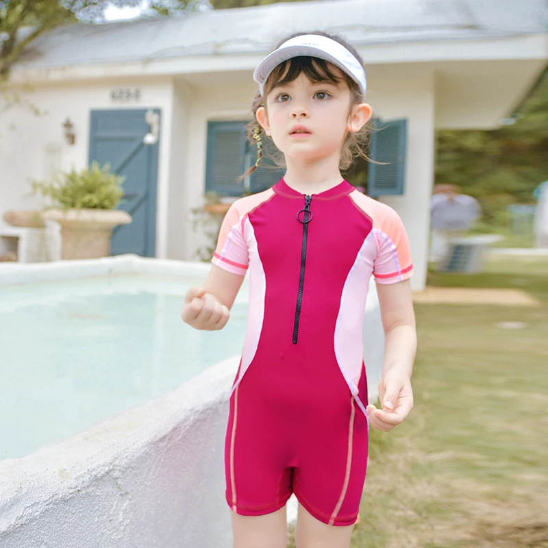 2024 Modest Swimming Suit Girls One Piece Swimsuit Front Zipper Short Sleeve Kids Swimwear Red Swimming Costume Girls