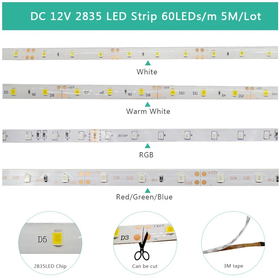 Imagem -02 - Fita Cortável Flexível Fita Luz Tira Led Impermeável Alto Brilhante Gelo Branco Vermelho Azul Rosa Amarelo 5m 2835 60leds por m dc 12v