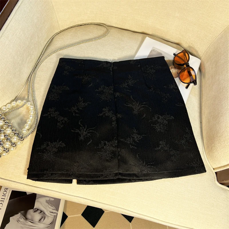 Retro Women's Black Button Up Jacquard Mini Skirts Vintage White High Waist Elegant Chinese Style A-line Short Skirt Summer 2024