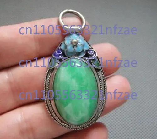 Rzadki Antyczny Chiński Miao Srebrny Emaliowany Mozaikowy Jadeitowy Wisiorek Amulet