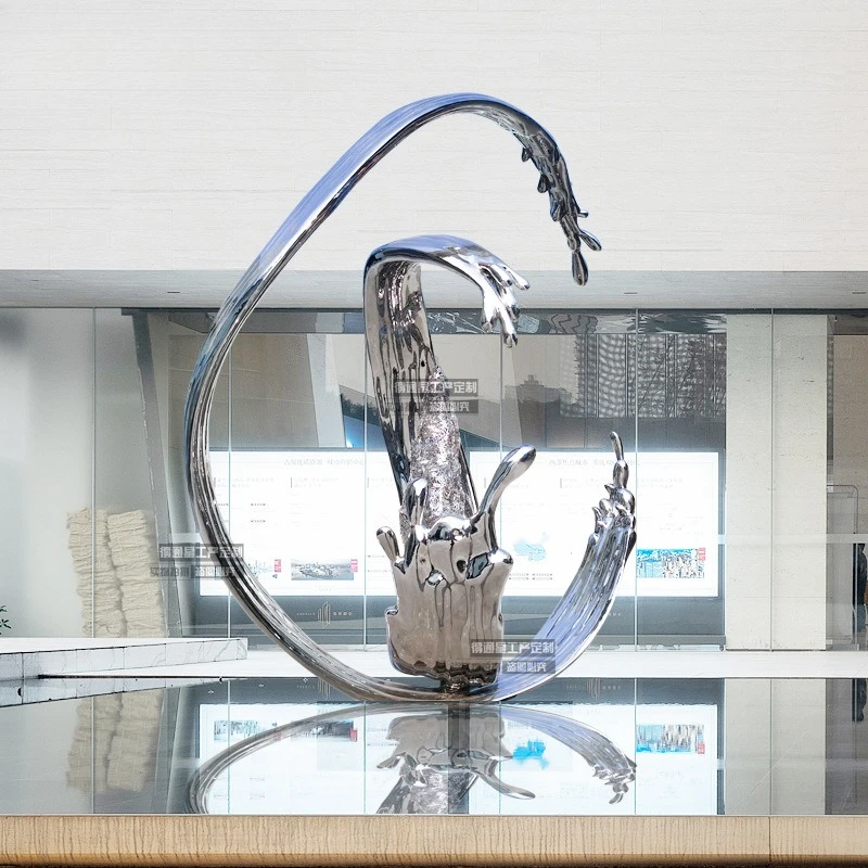 Real estate sales office entrance theme water feature stainless steel fountain metal water wave sculpture wave water drop landsc