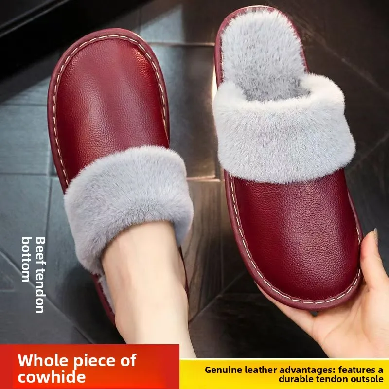 Zapatillas de piel de vaca de capa superior, suela de tendón de vaca antideslizante de cuero, bolsa cálida de invierno para el hogar, bandeja de regalo en línea para hombres y mujeres