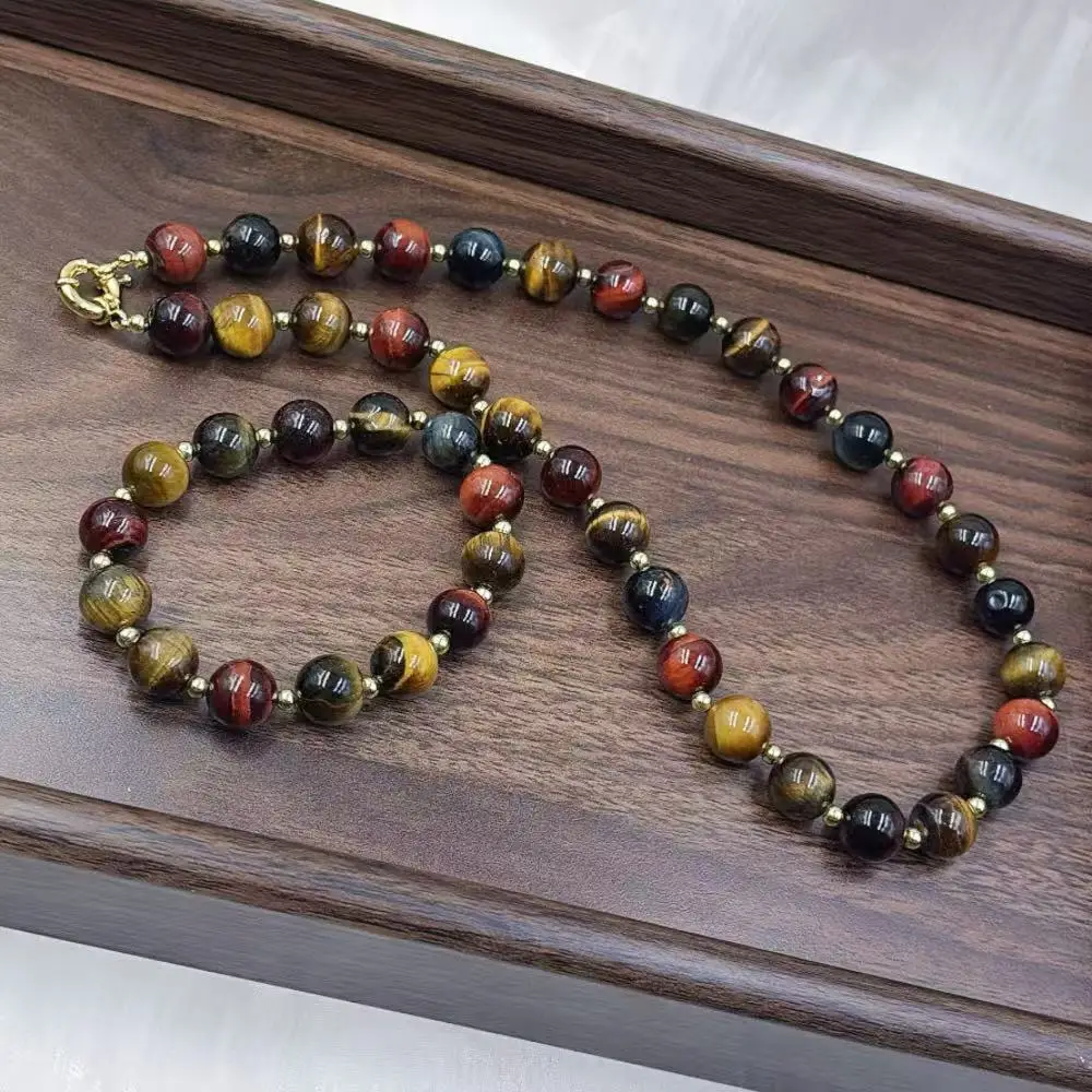 12mm Punk Vintage Men Natural Mix Tiger Eye Lady Chokers Necklace Bracelet Man Jewelry Set 20inch 8inch