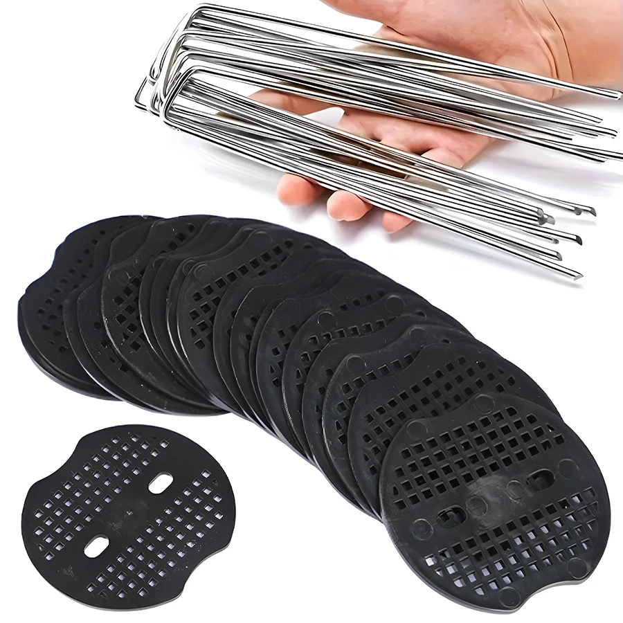 30-50pcs U-Shaped Ground Stakes with 3-Holes Round Washer Lawn Turf Nails Garden Fabric Stakes for Fix Fabrics Weed Patio Tents
