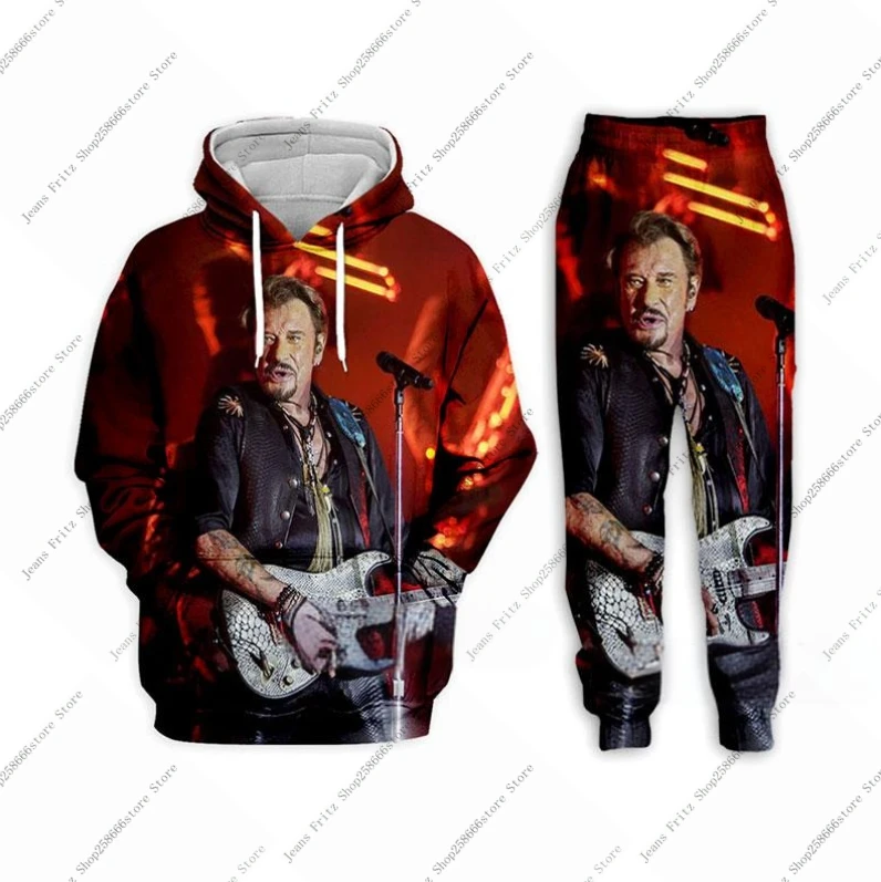 Johnny Hallyday-traje con capucha y pantalones con estampado 3d para hombre, sudadera informal, jersey, conjunto de chándal, ropa de moda para hombre, trajes de 2 uds