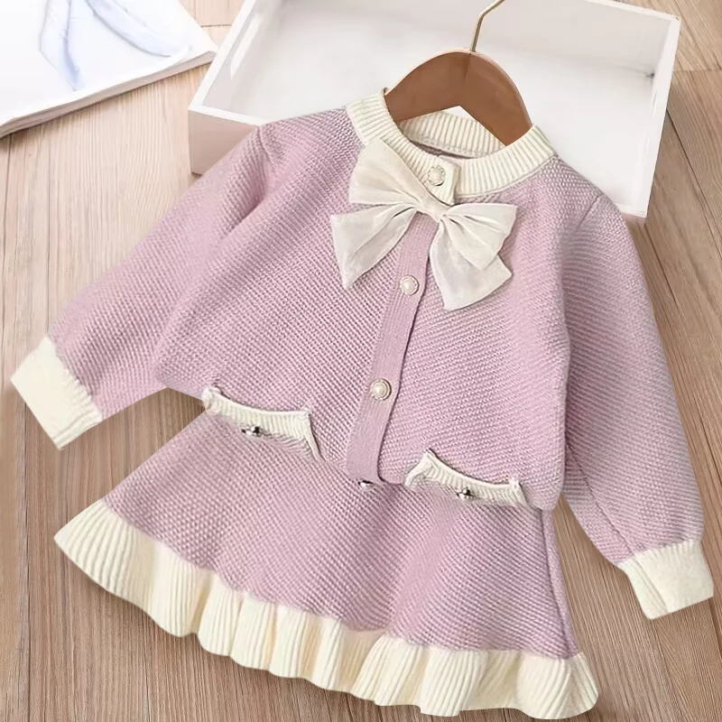 2024 Girls Autumn Dress Bow Korean Edition Children's Set Baby Foreigner Knitted Cardigan Two Piece Set 2-8 Year Old Top and Bot