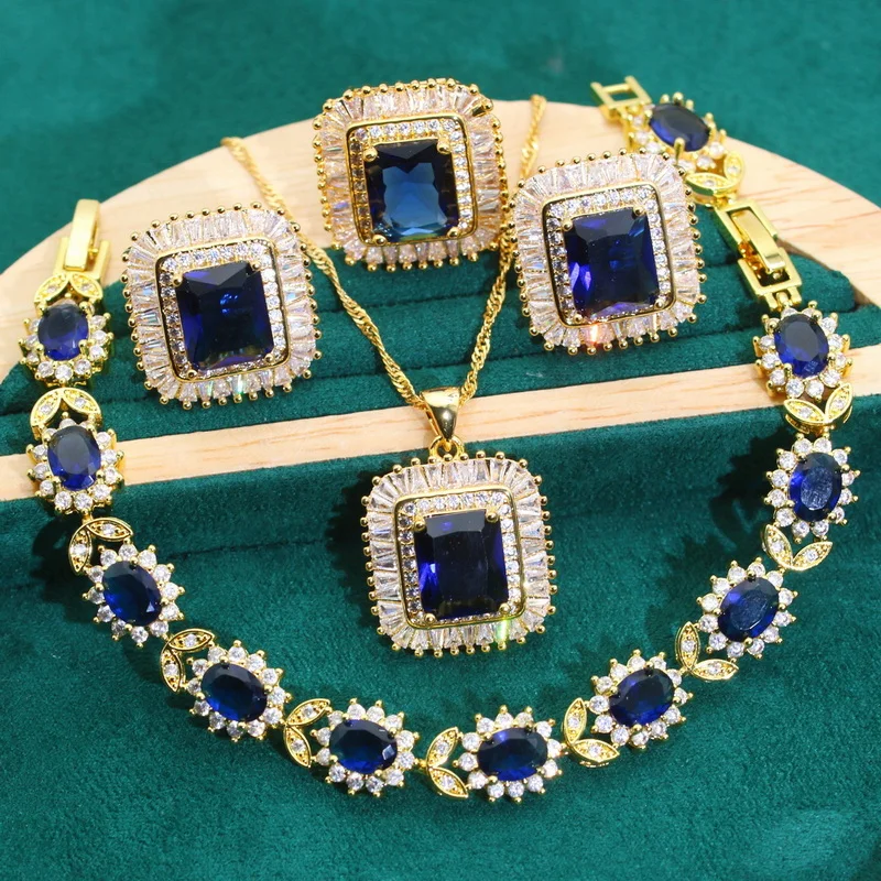 Blue Zircon Gold Color Jewelry Necklace Set for Women Wedding Bracelet Earrings Pendant Ring Lady Party Gift Dubai