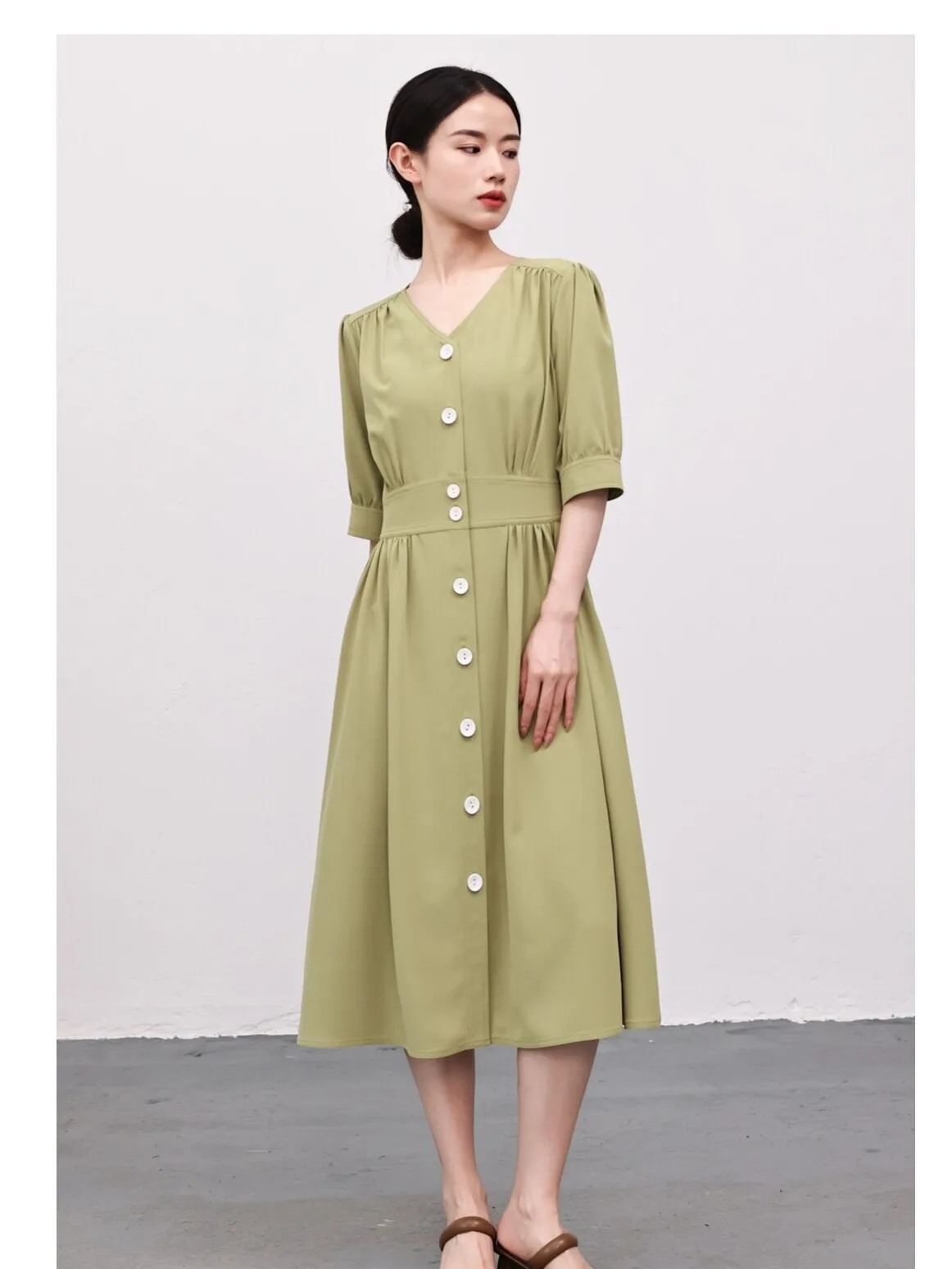 

Slimming Long V-Ne A-Line Dr Button-Up Cardigan Sle Pure Color Women's Summer Faion Midi Dr Waist-Cinching Gown