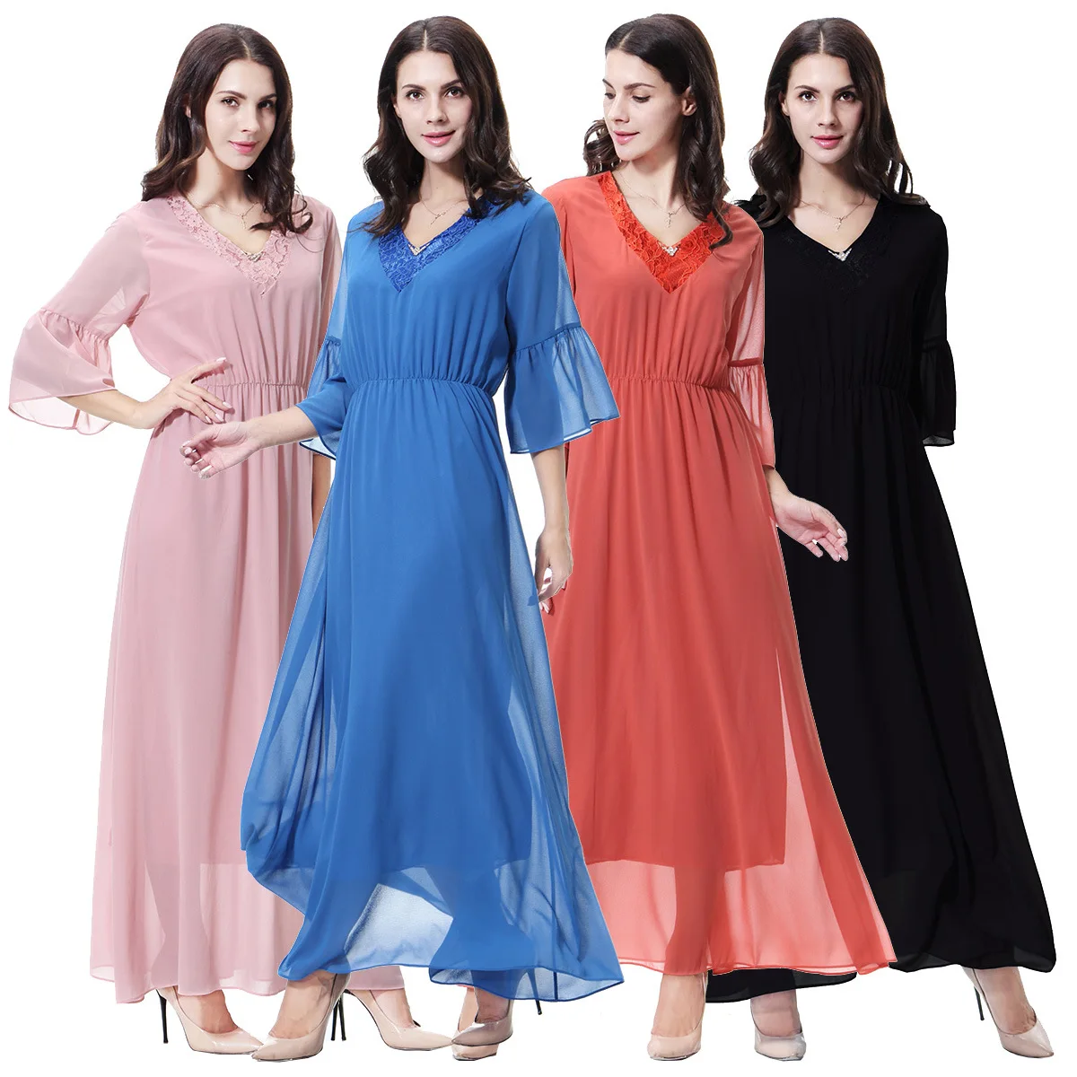 

Arab Middle East 2025 Muslim New Fashion Women's Solid Color Casual Trendy Elegant Three Quater Sleeve V-neck Ankle Length Dress