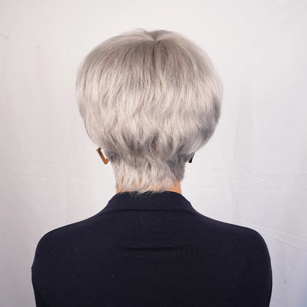شعر مستعار بشري بقص عابث رمادي فضي مع غرة شعر بشري ريمي برازيلي بطبقات قصيرة مستقيمة للنساء مصنوعة آليًا #5