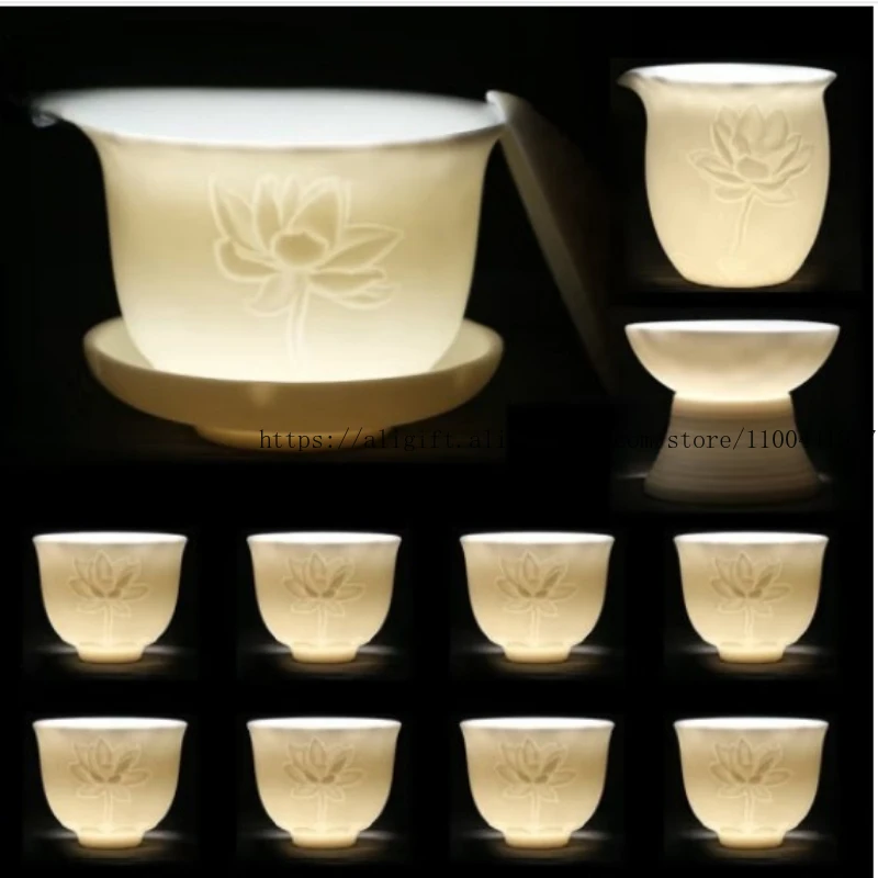 

Керамические чайные сервизы, чайные чашки Lotus Kung Fu, матовые белые трехсторонние подарочные наборы с крышкой