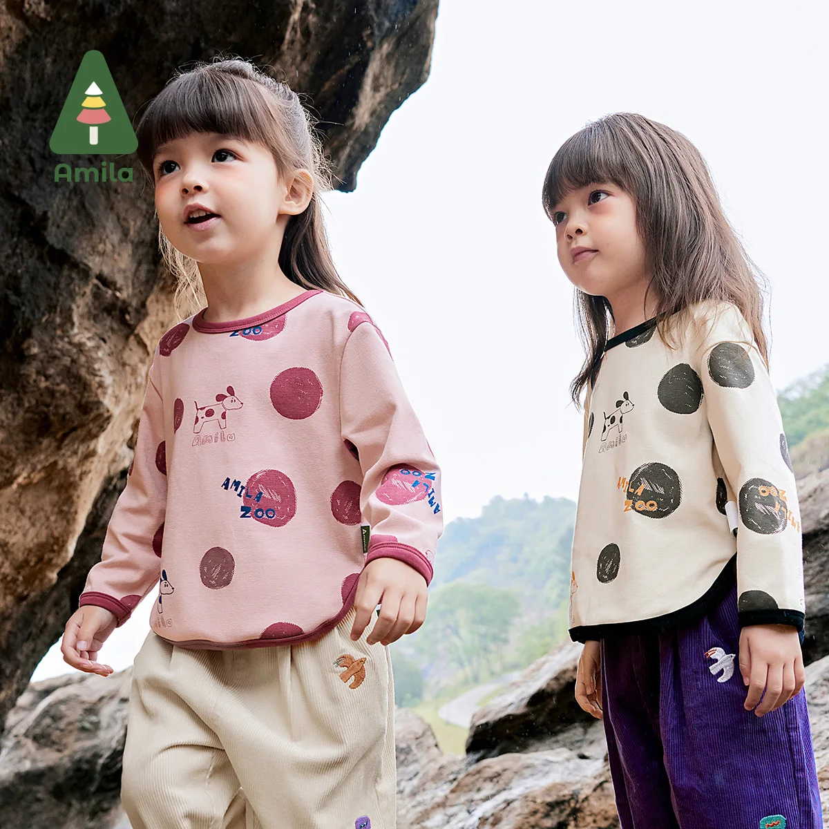 Amila Baby T-Shirt 2024 Autumn New Girls Polka Dot Contrast Color Cotton Cute Soft Breathable Loose Children’s Long-Sleeved Top