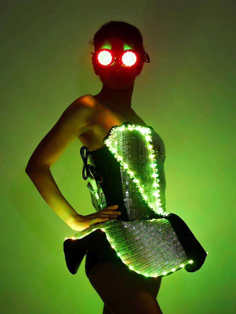 Dress kostum lampu LED wanita, pakaian panggung penyanyi DJ, Cosplay penari Gogo untuk perempuan