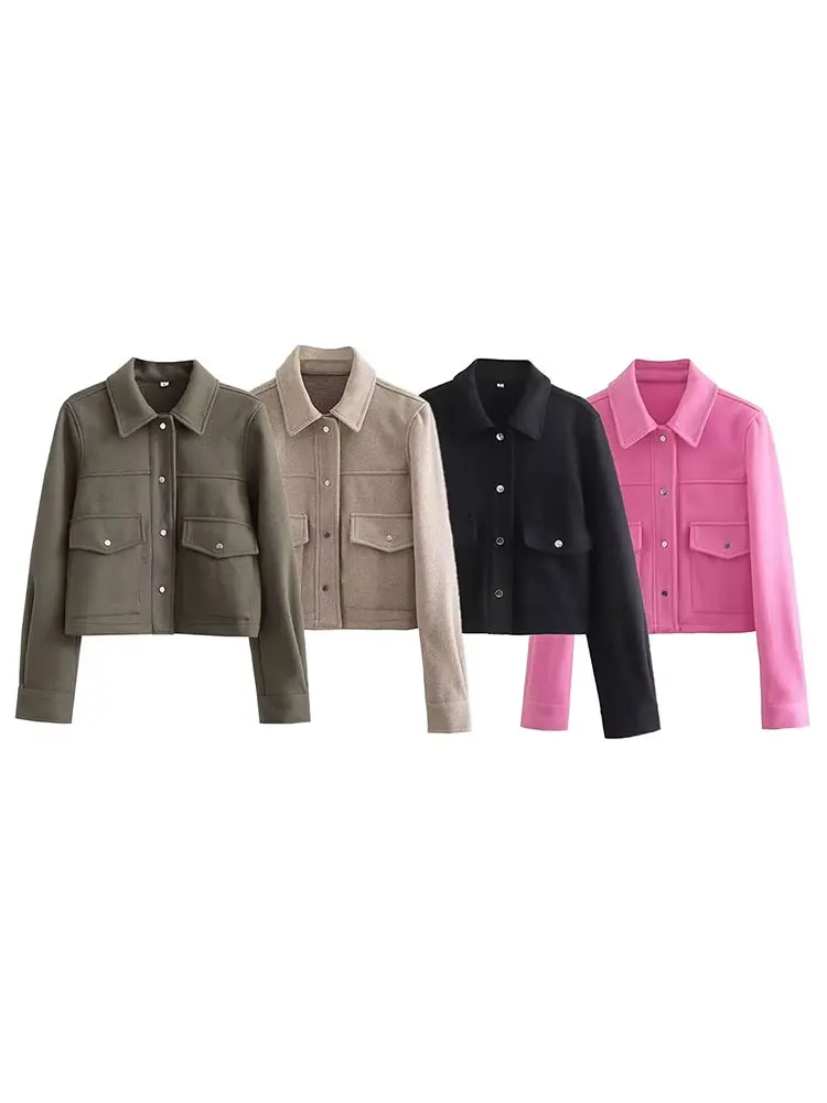 HH 2024 Autumn Winter Female Street Fashion Solid Jackets Causal With Pockets Button Down Turn Down Collar Elegant Coats
