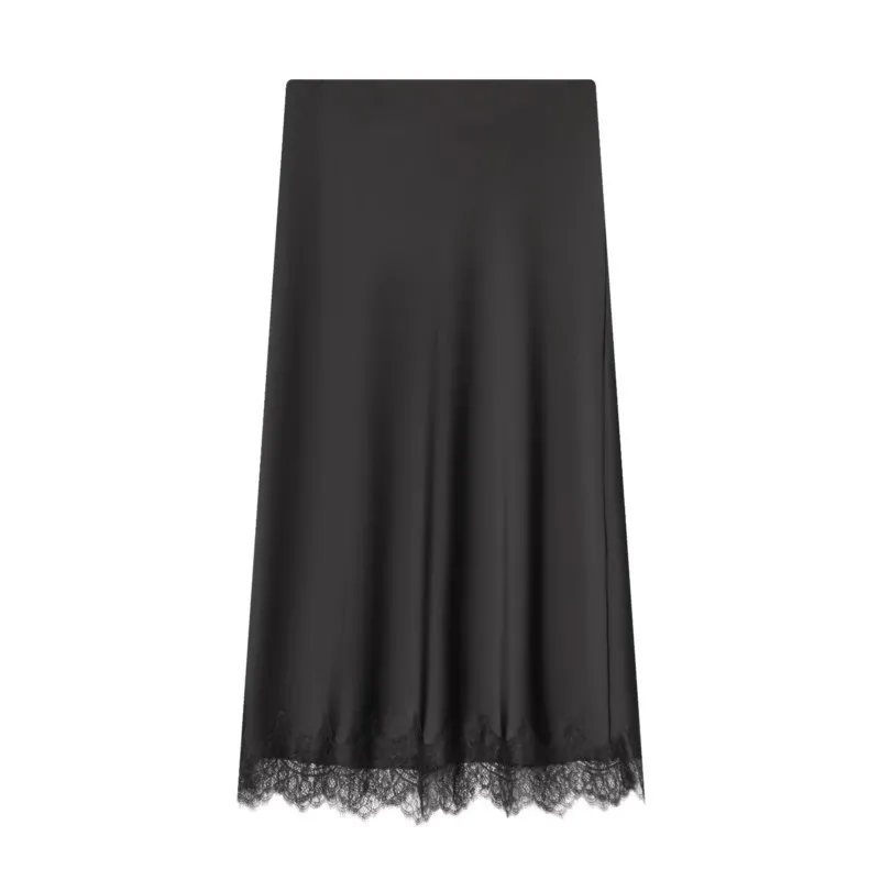 Falda media con decoración de encaje y textura de seda para mujer, falda Midi elegante de cintura alta, faldas de moda con cintura elástica para otoño