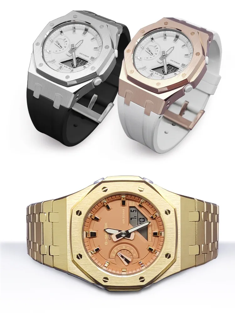 GMA-S2100 Metal Case Mod Kit for Casio G-Shock GMA-S2100 Women, Stainless Steel Watch Band + Rubber Strap, Watch Accessories
