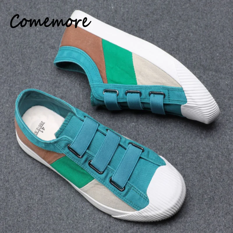 Comemore Men's Canvas Shoes Fashion Causal Flat Sole Breathable Footwears Color Blocking Comfortable Sneakers Zapatos De Hombre