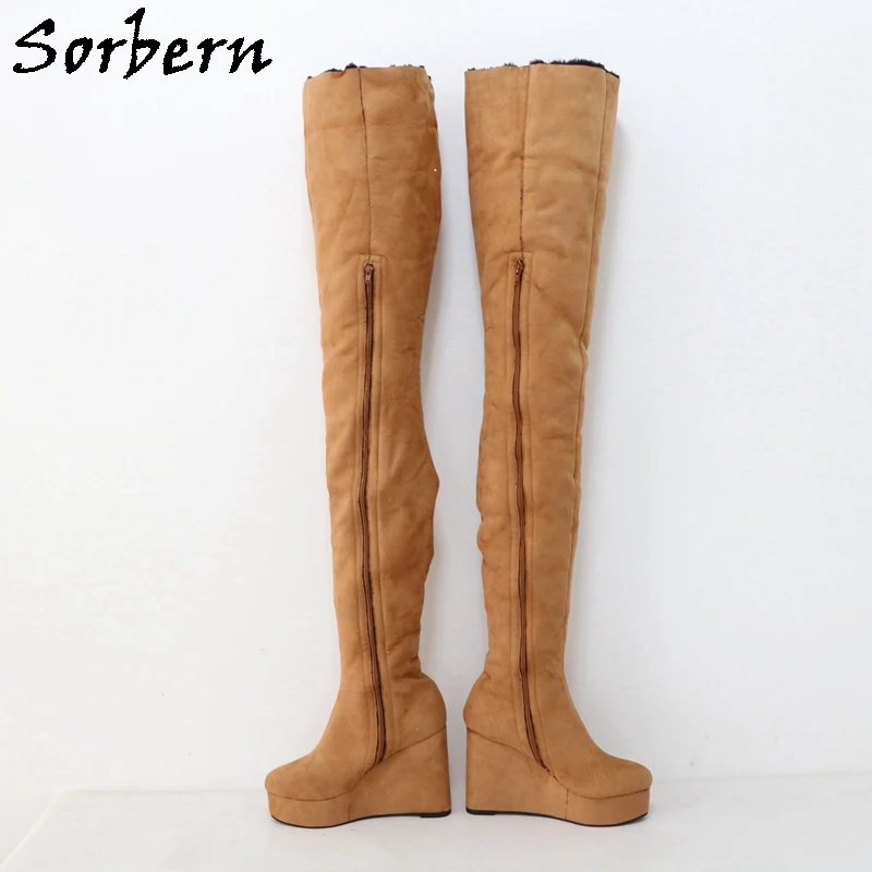 Sorbern 97cm Long Brown Crotch Thigh High Boots Unisex Thick Fake Fur Wedges High Heel Platform Shoes Fetish Unisex