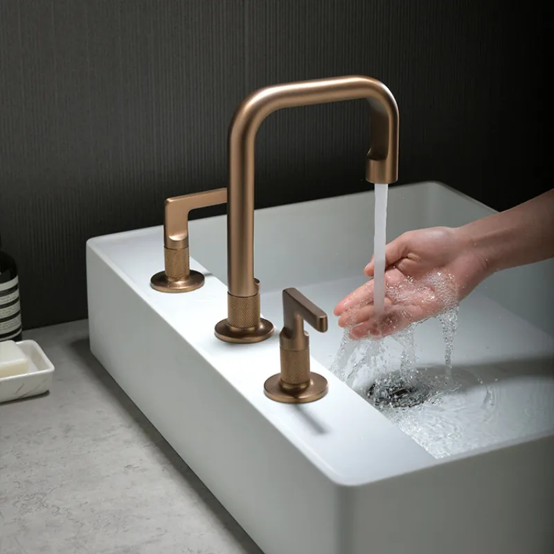 

Brushed Rose Gold Widespread Basin Faucet Total Brass Gray Bathroom Faucet Sink Faucets 3 Hole Hot And Cold Faucet Water Tap