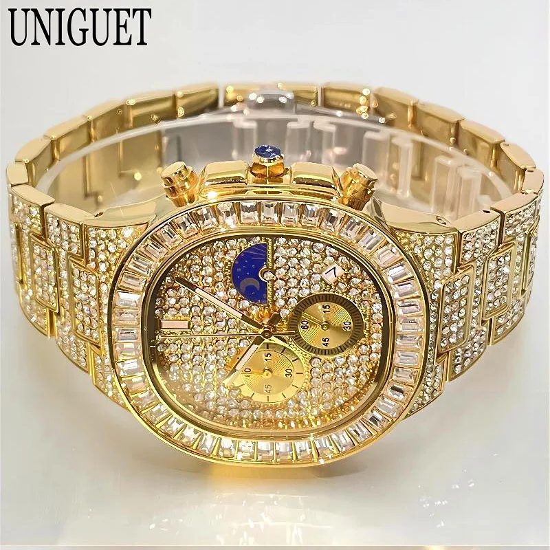 UNIGUET Luxury Gold Watch For Men Fashion Moon Phase Quartz Watches Man Hip Hop Iced Diamonds Jewelry Wristwatch Reloj Hombre