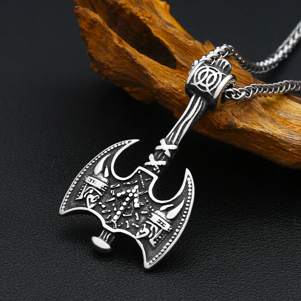 New Vikings Giant Double Edged Axes Warrior Necklaces For Men Stainless Steel Odin Norse Amulet Pendant Scandinavian Jewelry