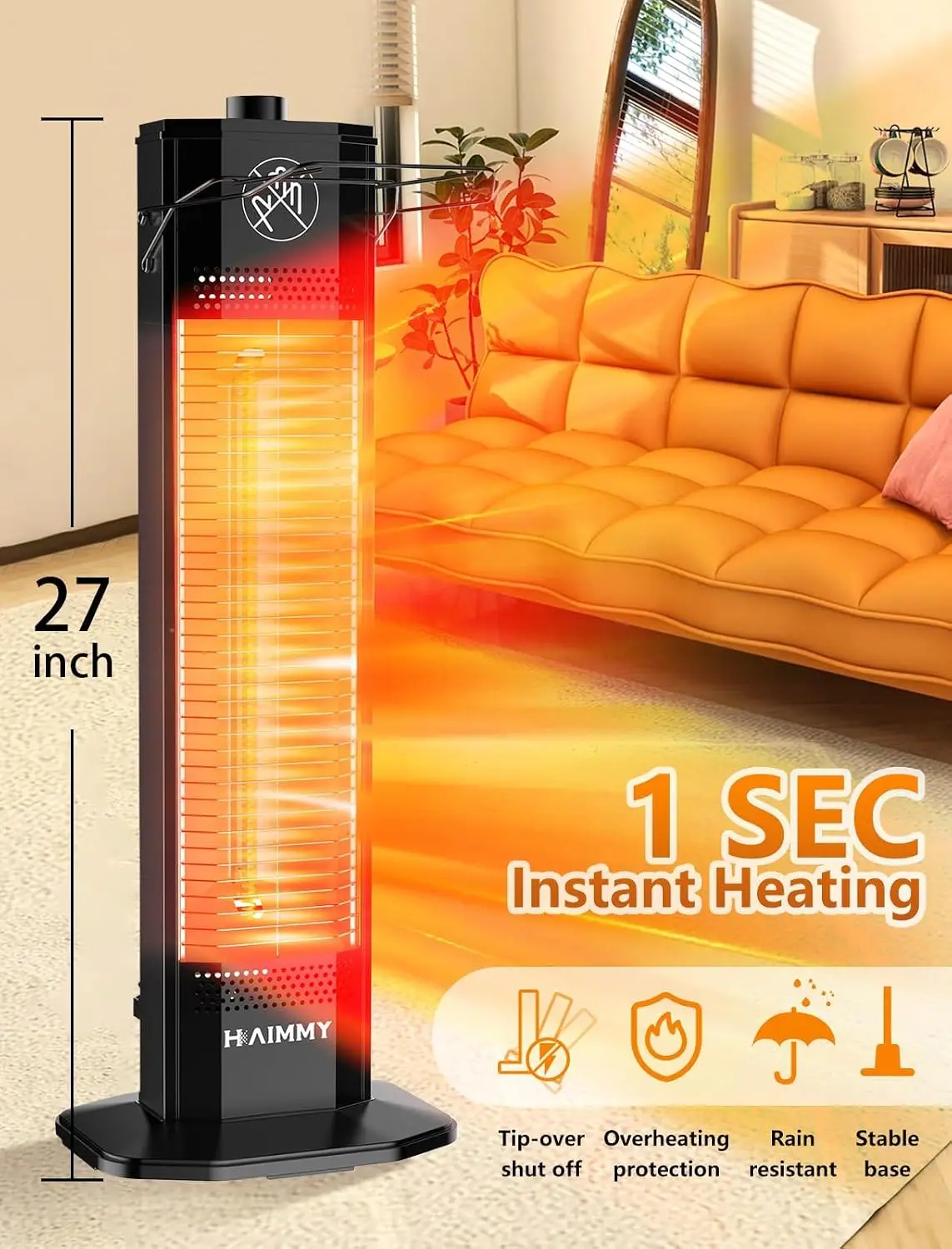 Outdoor Electric Patio Heater, 27- inch Outdoor Electric Patio Heater, 1200W Instant Heating, 2 Heat Levels, Tip-Over & Overheat
