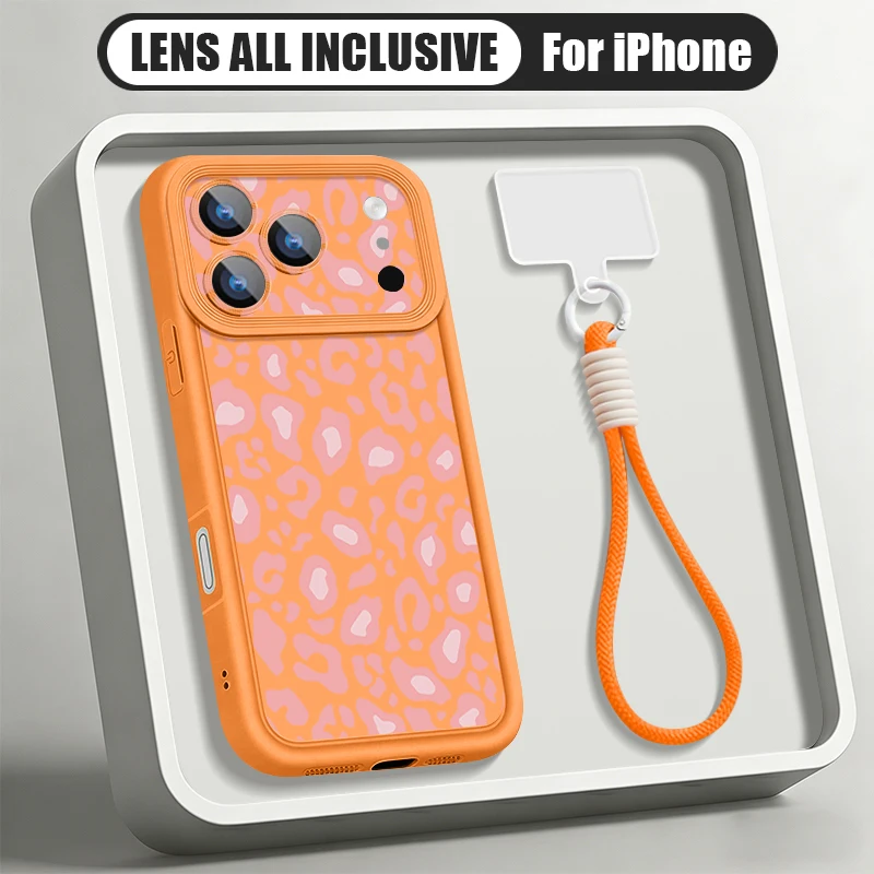 Leopardenmuster-Handyhülle mit Trageriemen für iPhone 18 17 Pro Max 17e 16 15 14 Pro Max 13 12 Pro Stoßfeste Weiche TPU-Hülle mit Lanyard