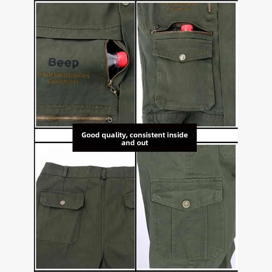 طقم ملابس عمل قطنية للرجال للربيع والخريف، مناسب للحامين، متعدد الجيوب، ملابس رجالية من القطن الخالص، زي عمل للمكتب