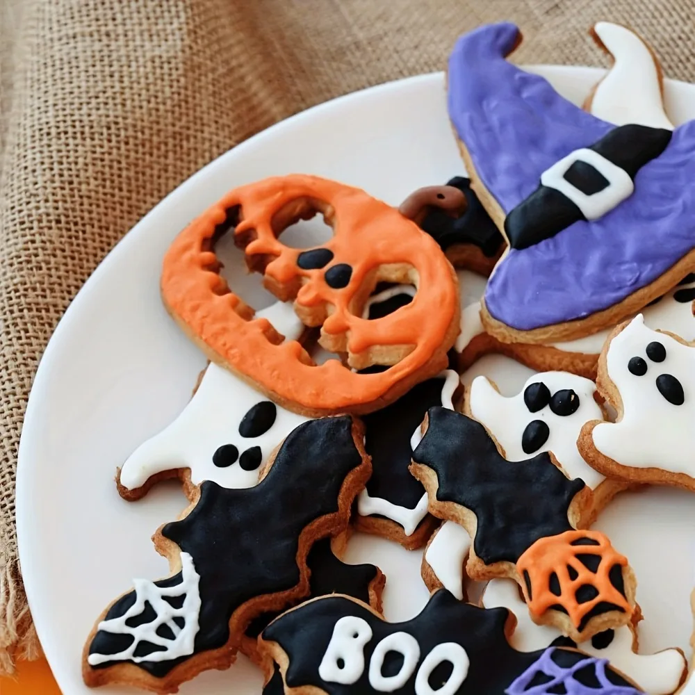 

Набор формочек для печенья на Хэллоуин, формы для печенья из нержавеющей стали с тыквой, летучей мышью, шляпа ведьмы-призрака для вечерние украшения для выпечки торта