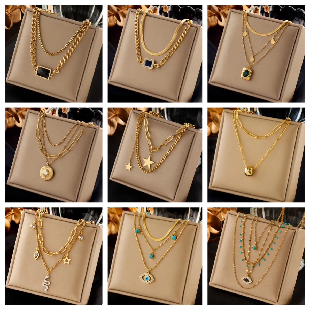 OIMG 316L Stainless Steel Vintage Hip Hop Multilayer Star Rhinestone Evil Eyes Pendant Necklace For Women Jewelry New Year Gift