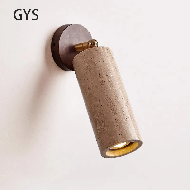 

Led Wall Lamp Bedroom Beside Reading Light Rotatable Natural Stone Wabi Sabi Style Lighting Log Wood Walnut Color With Pull Rope
