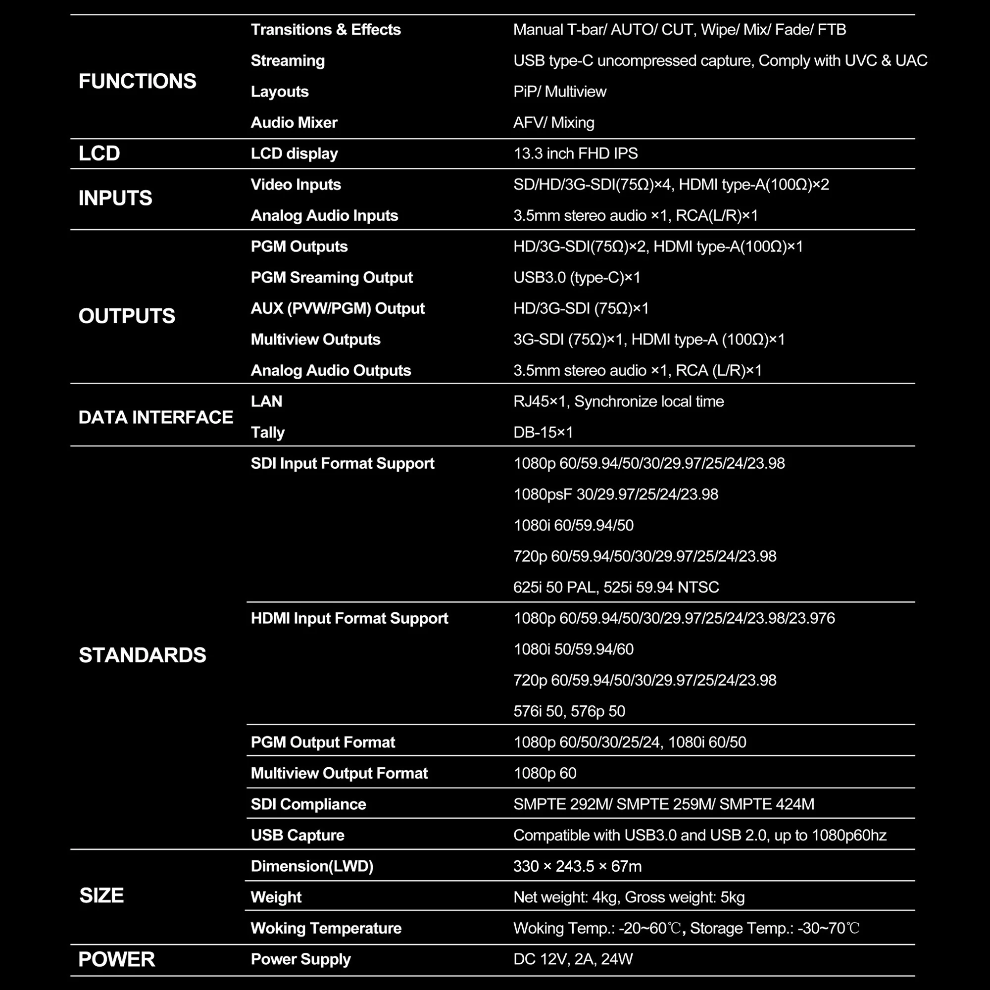 AVMATRIX-Switcher de Streaming Multi-Formato, PVS0613U, 13.3 Polegada Tela IPS FHD, 6 Canais Portáteis, 4SDI e 2 Entradas HDMI