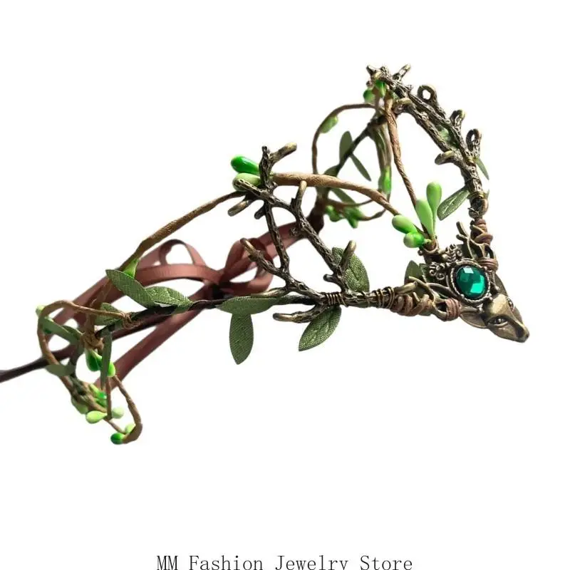 

Handwoven Nature Theme Antler Hairhoop Hair Accessory With Vine And Leaves Great For Outdoor Event And Music Festival