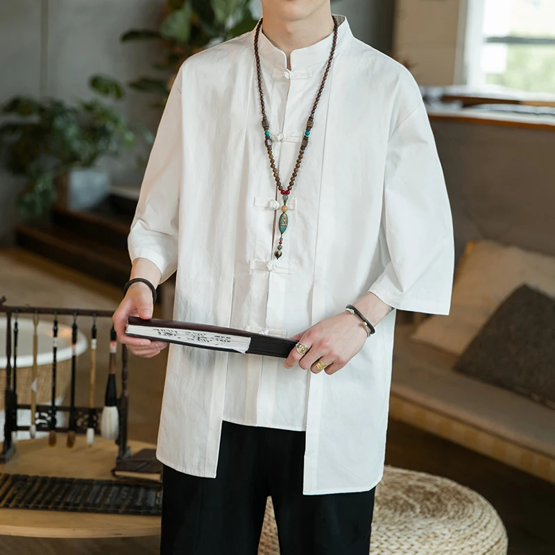 

2024 Men's shirt Summer new Asian traditional clothing Retro Japanese pan button short sleeve fake two shirts/blouses/tops