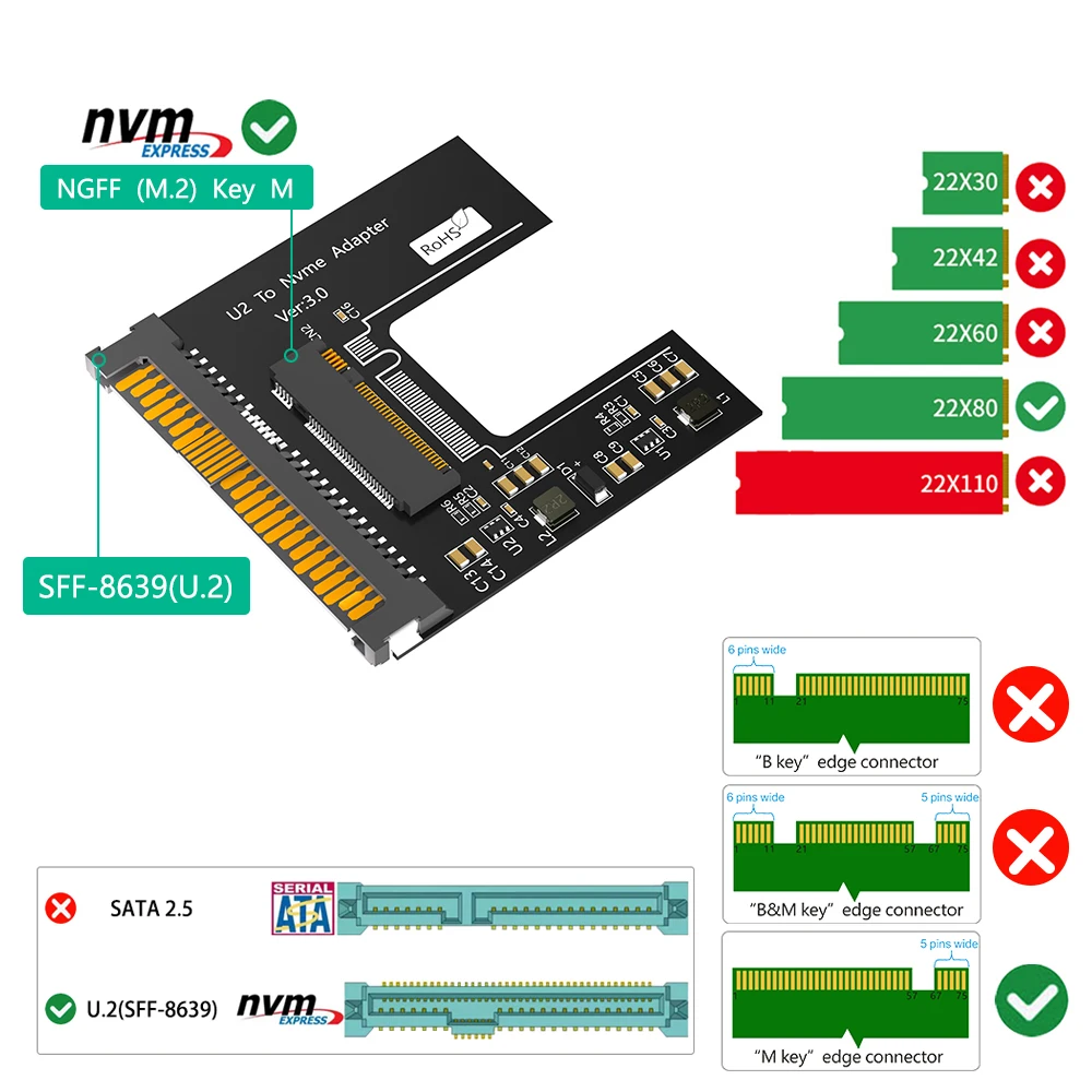 

New Version M.2(NGFF) NVMe SSD to U.2 (SFF-8639) 2.5"" SSD Adapter with thermal pad , Convert M.2 NVMe SSD to U.2 not for SATA