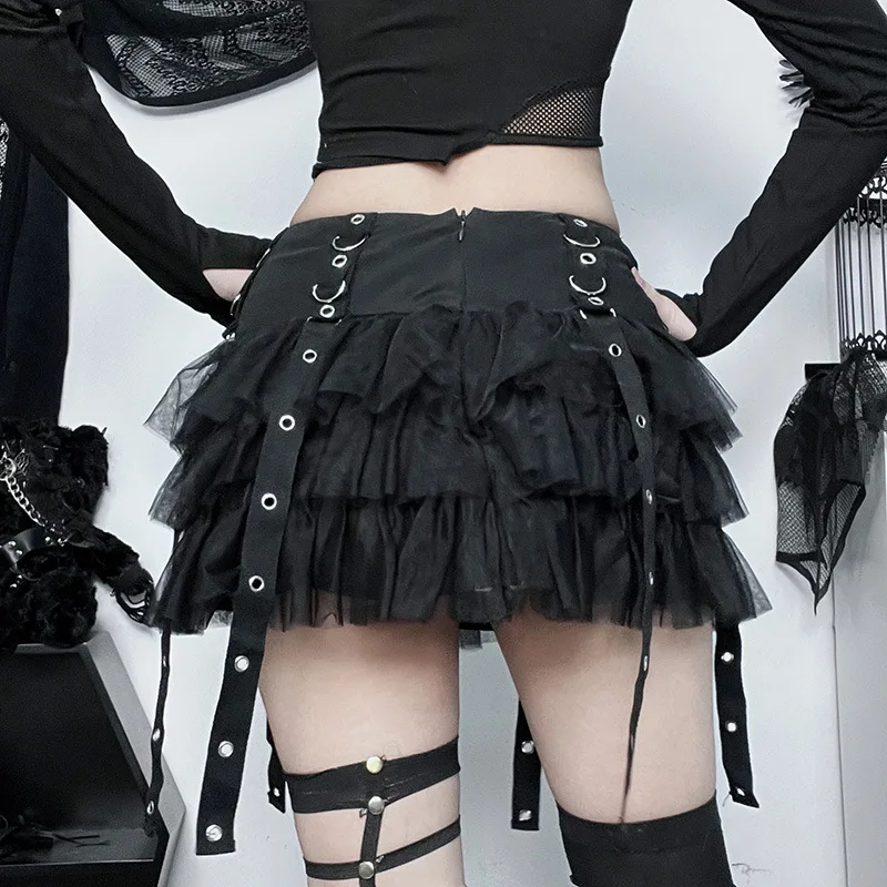 Gothic Dark Skirt Harajuku Women Cyberpunk Y2k E-girl Streetwear Hip Hop Eyelet Ribbons Mesh Patchwork Cake Skirt Female