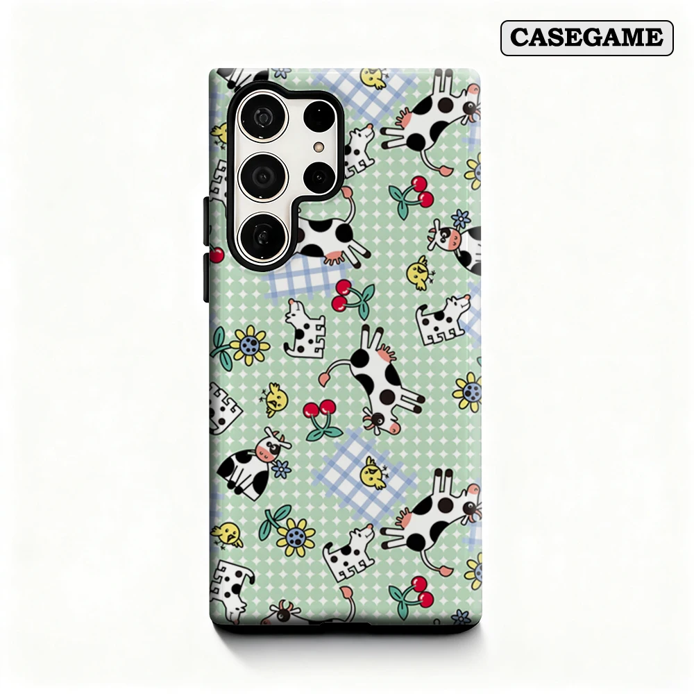 Casegame Phone Case for Samsung Galaxy S25 S26 Ultra S24 S23 Ultra Plus Shockproof Double Layer Cute Cow Farm Print Cover