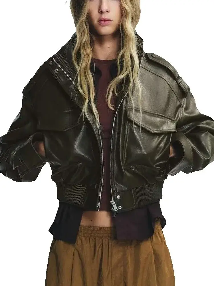 

2025 Autumn Winter Women's Retro Loose Army Green Faux Leather Bomber Jackets Female Moto Biker Street PU Zipper Pockets Coats