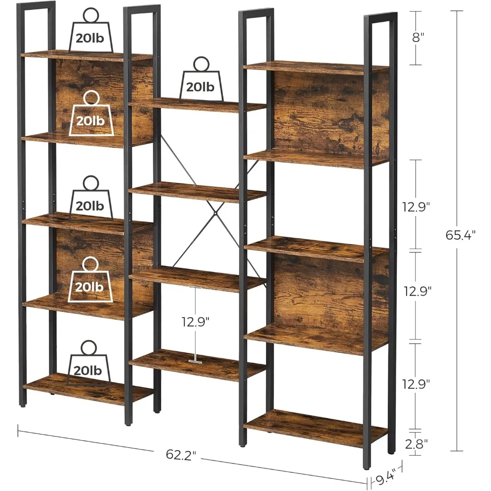5-Tier Industrial Bookshelf with 14 Shelves, Metal Frame Storage Unit for Living Room & Office, Rustic Brown